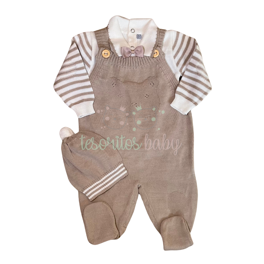 JARDINERA DE HILO ELEGANTE BEIGE BLANCO 100% ALGODÓN PIMA - Tesoritos Baby