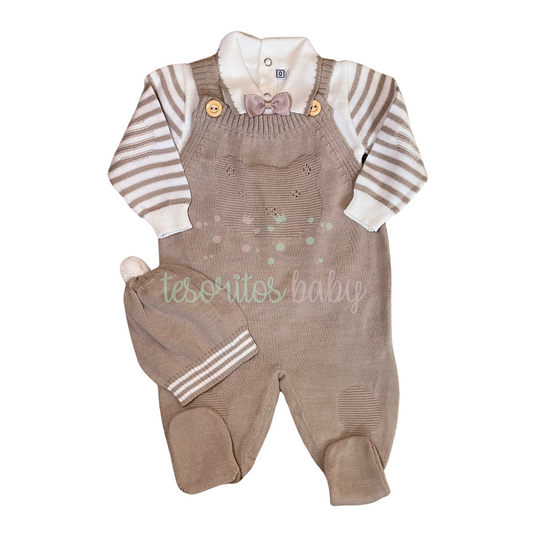 JARDINERA DE HILO ELEGANTE BEIGE BLANCO 100% ALGODÓN PIMA - Tesoritos Baby